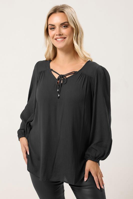 YOURS Curve Black Lattice Tie Front Blouse