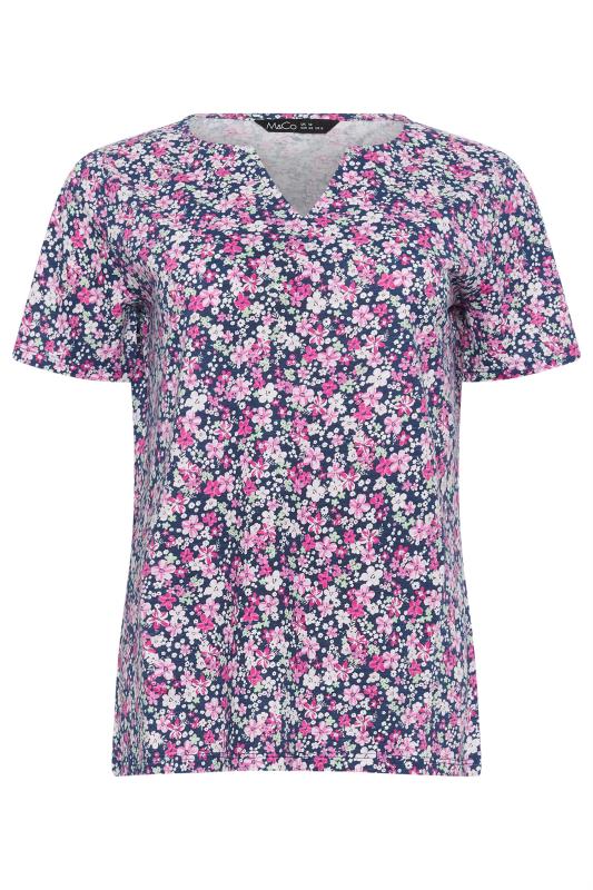M&Co Pink Ditsy Floral Print Notch Neck Cotton T-Shirt | M&Co 5