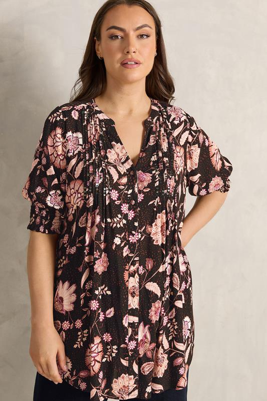 EVANS Plus Size Black Floral Pintuck Tie Neck Blouse | Evans 1