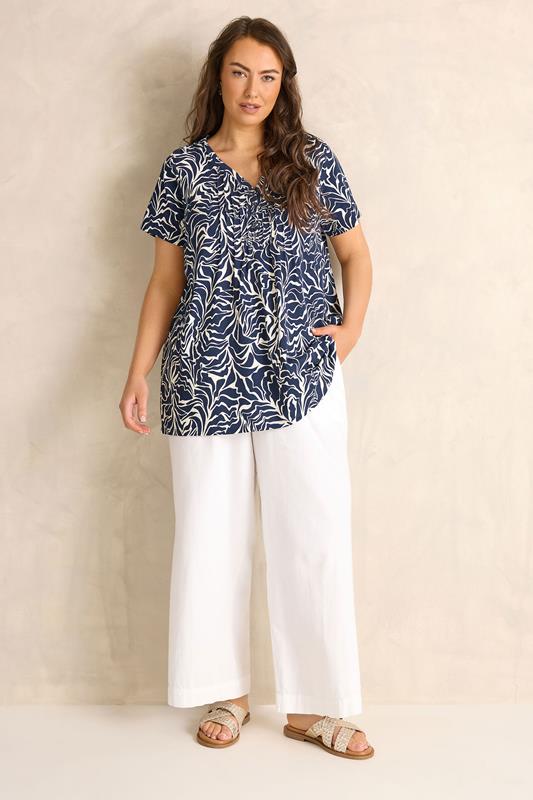 EVANS Plus Size Navy Blue Abstract Print Premium Cotton Henley Top | Evans 1