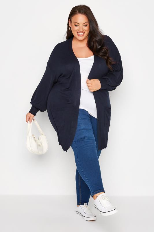 Plus Size Curve Navy Blue Balloon Sleeve Fine Knit Cardigan | Yours Clothing 2