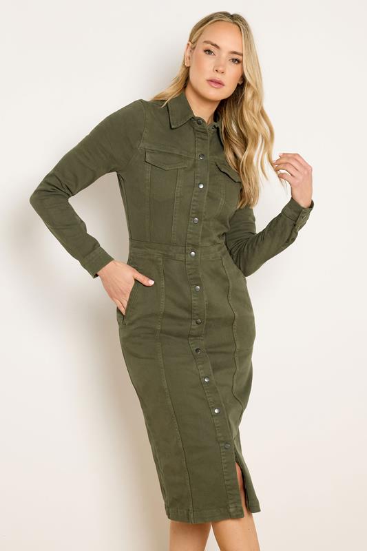 LTS Tall Women's Olive Green Button Denim Midi Dress | Long Tall Sally 1