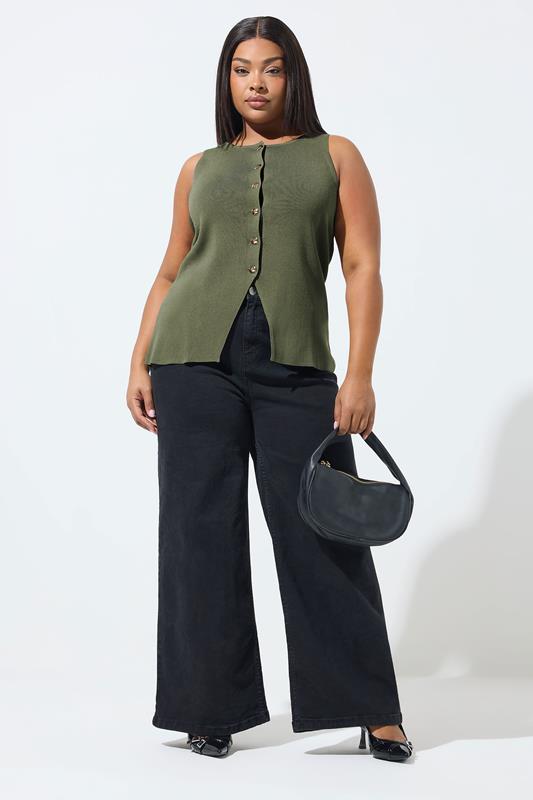 LIMITED COLLECTION Plus Size Khaki Green Knitted Waistcoat | Yours Clothing 2
