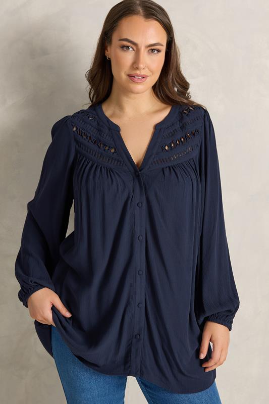 EVANS Curve Navy Blue Long Sleeve Macrame Blouse