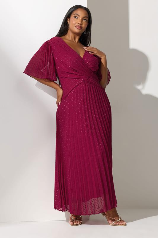 YOURS LONDON Plus Size Red Metallic Dobby Pleated Wrap Dress | Yours Clothing 1