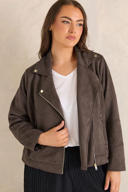 EVANS Curve Chocolate Brown Faux Suede Biker Jacket