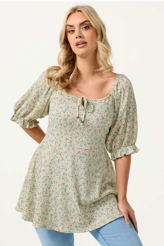 YOURS Curve Green Textured Ditsy Floral Milkmaid Top