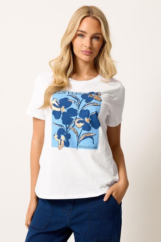  M&Co White Floral Graphic Print Cotton T-Shirt