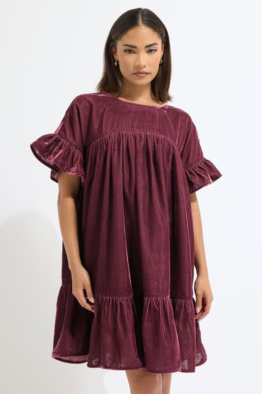 PixieGirl Petite Women's Burgundy Red Velvet Frill Smock Mini Dress | PixieGirl 1