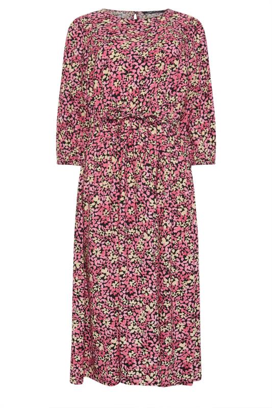 M&Co Pink Floral Shirred Waist Long Sleeve Midi Dress | M&Co 5