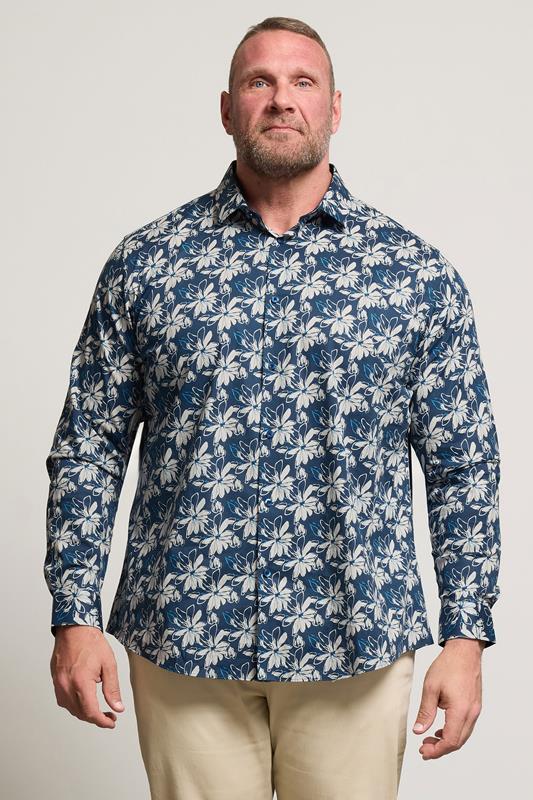 BadRhino Tailoring Big & Tall Navy Blue Premium Leaf Print Long Sleeve Shirt