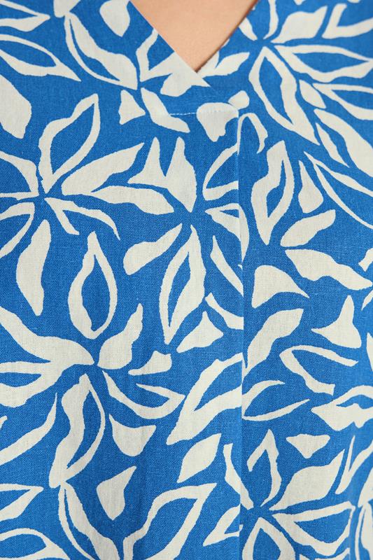 EVANS Plus Size Blue Leaf Print Premium Linen Front Pleat Top | Evans 4