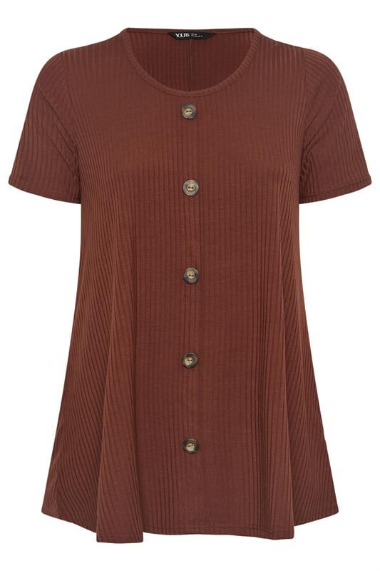 YOURS Plus Size Rust Orange Button Front Ribbed Swing Top | Yours Clothing 5