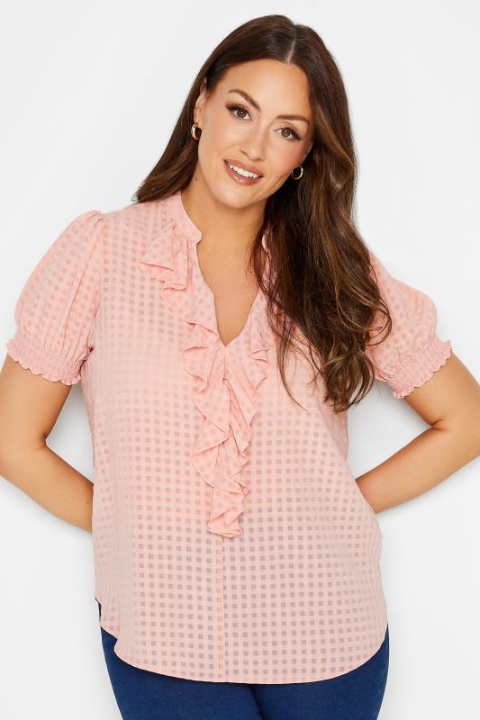 M&Co Pink Gingham Frill Front Blouse 1