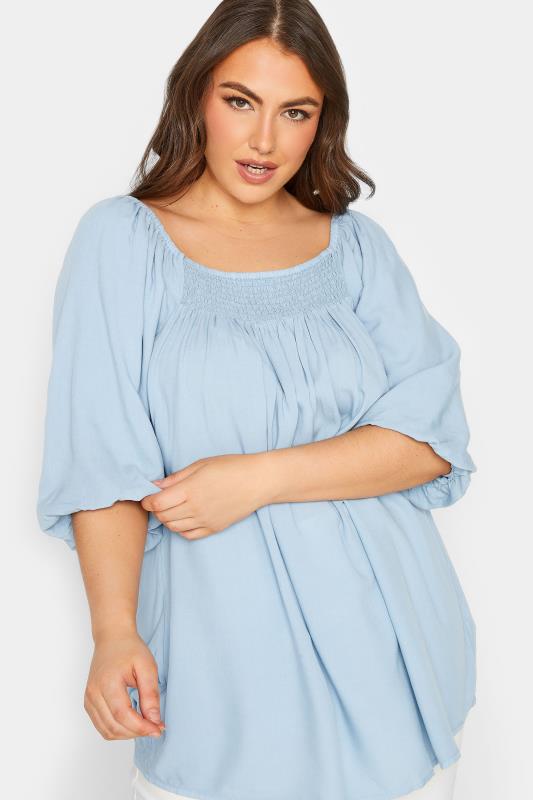 YOURS Plus Size Blue Shirred Neck Top | Yours Clothing 4