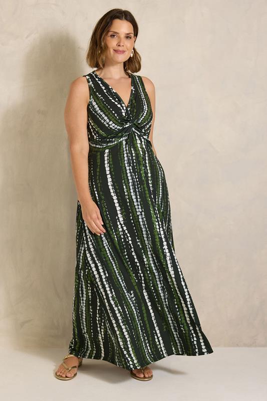 EVANS Plus Size Black & Khaki Tie Dye Knot Front Maxi Dress | Evans 1