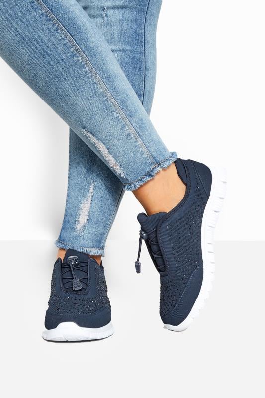 Wide Fit Trainers Yours Navy Blue Embellished Trainers In Extra Wide EEE Fit