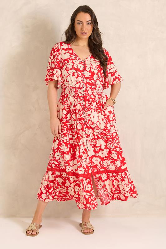 EVANS Curve Red Floral Button Front Maxi Dress