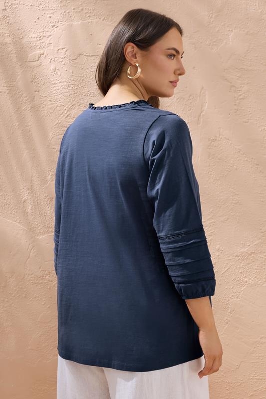 EVANS Plus Size Navy Blue Tie Neck Cotton Top | Evans 2