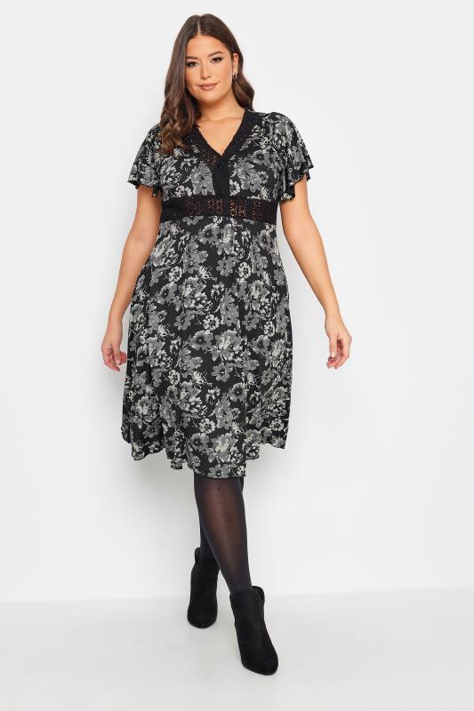Plus Size  YOURS Curve Black & Cream Floral Print Lace Detail Dress