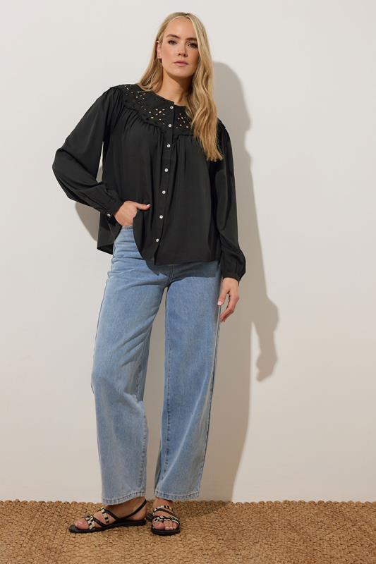 LTS Tall Black Woven Broderie Bib Blouse | Long Tall Sally 2