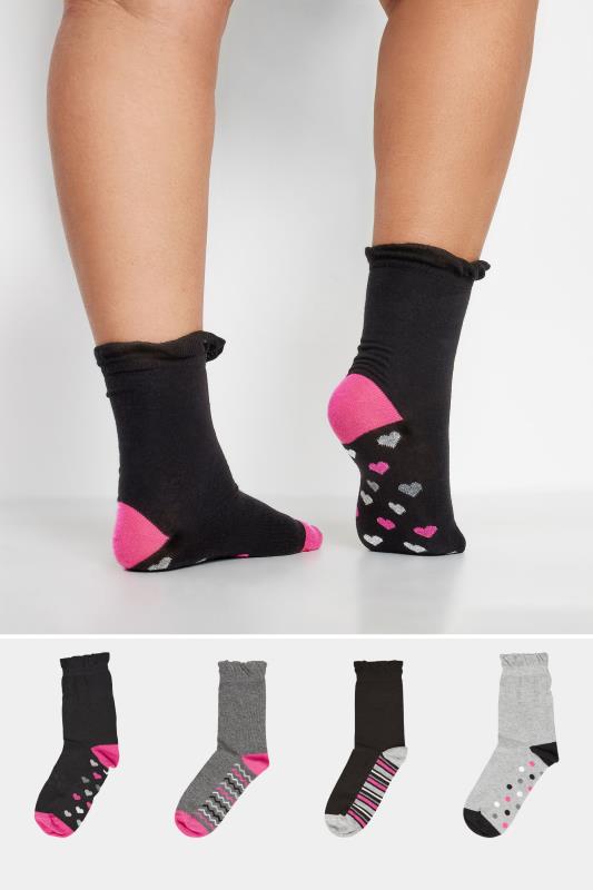YOURS 4 PACK Black Heart & Stripe Print Footbed Ankle Socks | Yours Clothing 1