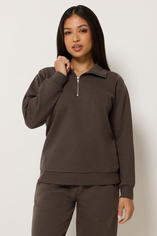 M&Co Petite Chocolate Brown Half Zip Sweatshirt | M&Co 1