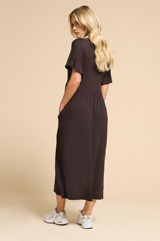 PixieGirl Petite Women's Brown Frill Sleeve Smock Midi Dress | PixieGirl 2
