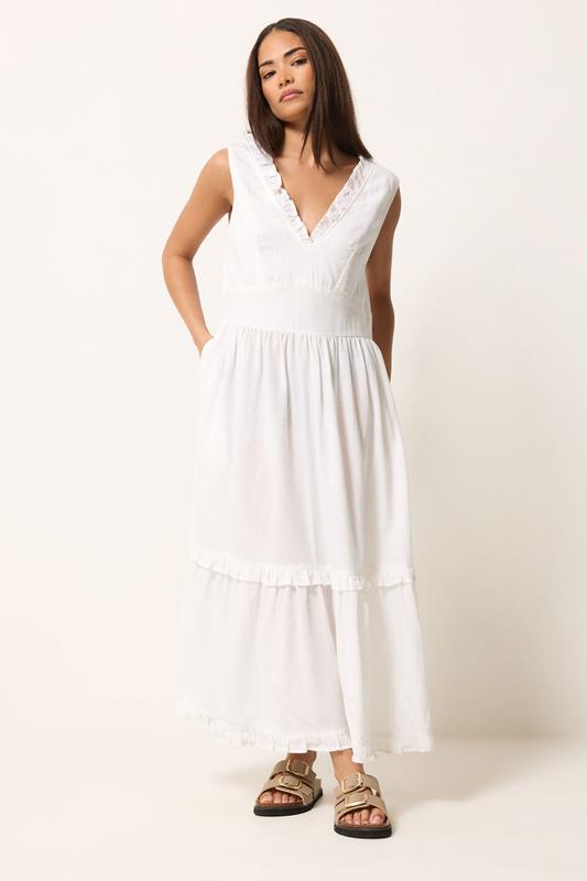 PixieGirl Petite White Ruffle Tie Back Midi Dress