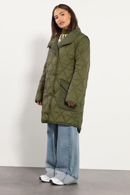 PixieGirl Petite Women's Khaki Green Funnel Neck Quilted Coat | PixieGirl 2