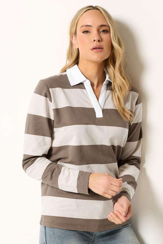 LTS Tall Women's Natural Brown Stripe Rugby Polo T-Shirt | Long Tall Sally 1