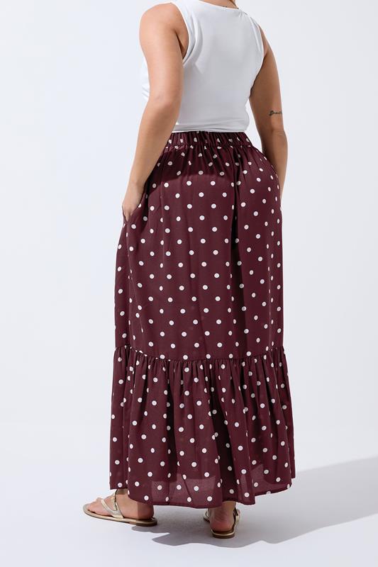 LIMITED COLLECITON Plus Size Burgundy Red Polka Dot Tiered Maxi Skirt | Yours Clothing 2