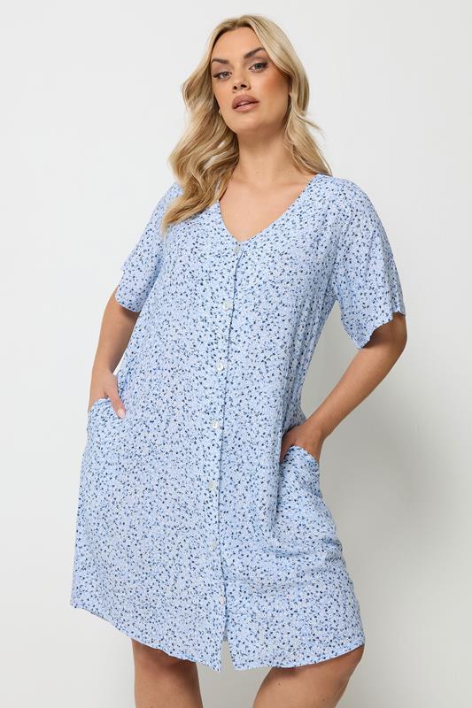 YOURS Plus Size Blue Ditsy Floral Button Through Tunic Dress | Yours Clothing 1