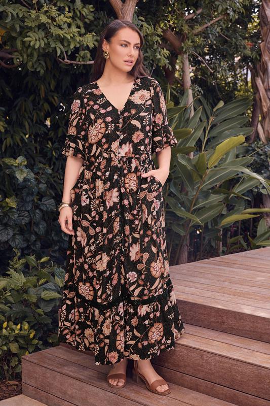 EVANS Curve Black Floral Crinkle Button Through Maxi Dress