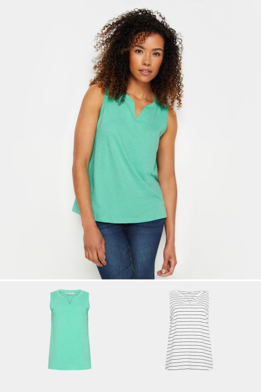 M&Co 2 Pack White & Green Notch Neck Sleeveless Cotton Tops | M&Co 1