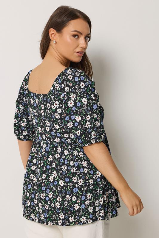 YOURS Plus Size Black Ditsy Floral Peplum Top | Yours Clothing 2