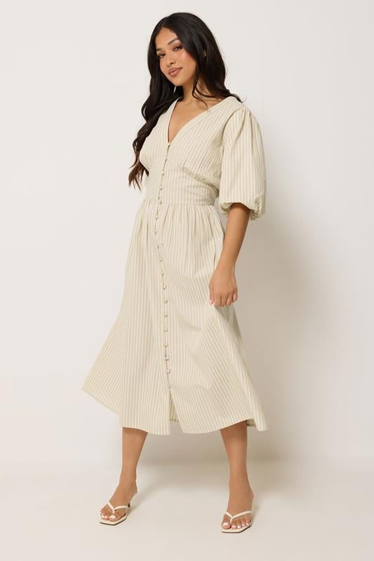 PixieGirl Petite Women's Natural Brown Striped Tea Maxi Dress | PixieGirl 1