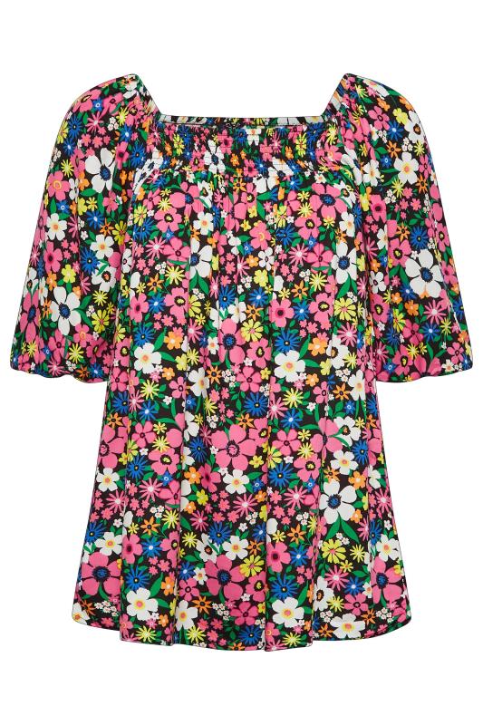 YOURS Plus Size Blue & Pink Floral Shirred Neck Top | Yours Clothing 6