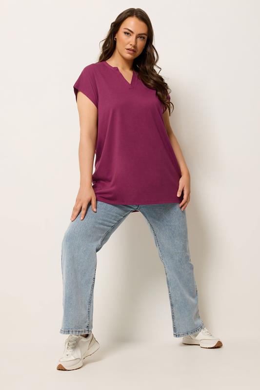 YOURS Plus Size Pink Notch Neck T-Shirt | Yours Clothing 1