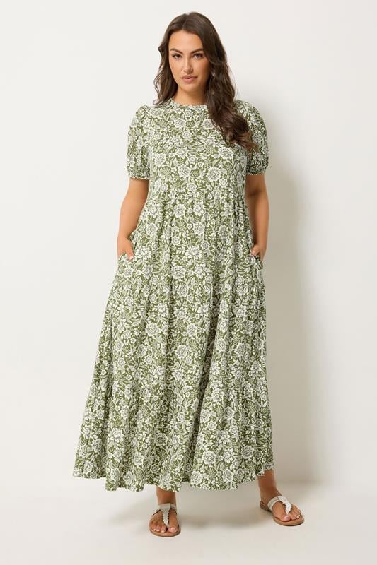 YOURS Curve Green Floral Tiered Maxi Dress