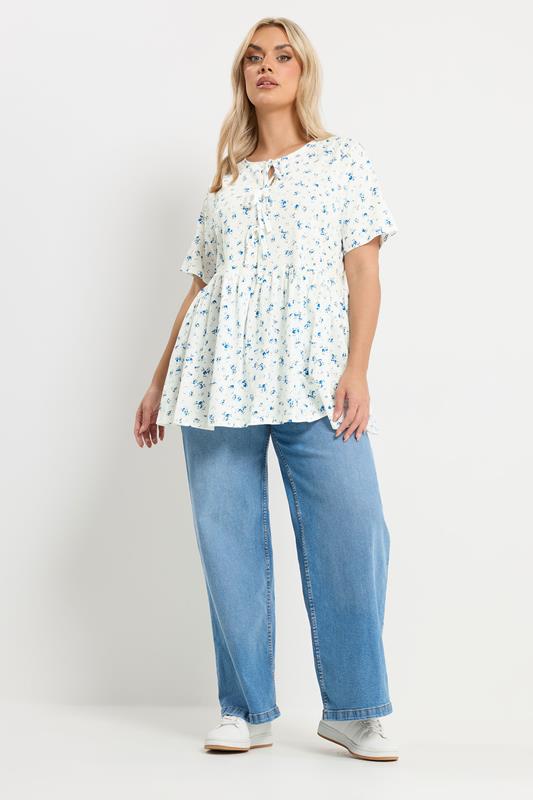 YOURS Plus Size Ivory White Ditsy Bow Tie Front Peplum Top | Yours Clothing 2