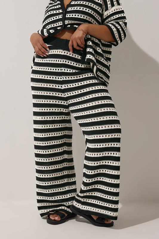 LIMITED COLLECTION Plus Size Black & White Stripe Crochet Wide Leg Trousers | Yours Clothing 2