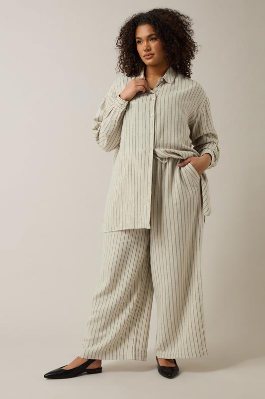 EVANS Plus Size Natural Brown Stripe Print Premium Linen Shirt | Evans 4
