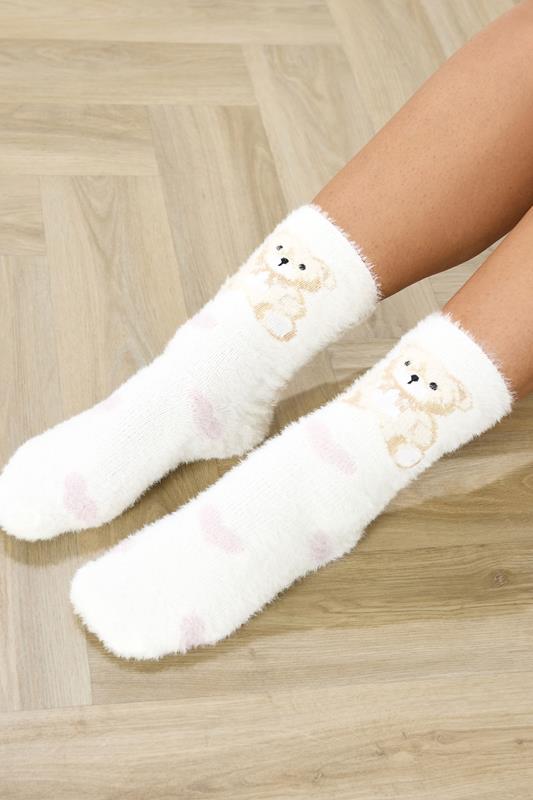 YOURSET 2 PACK Curve White & Pink Teddy Bear Fluffy Bed Socks | Yours Clothing 4