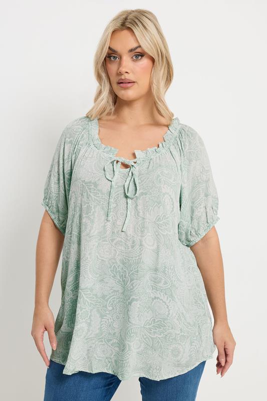 YOURS Plus Size Sage Green Textured Ditsy Floral Top | Yours Clothing 1
