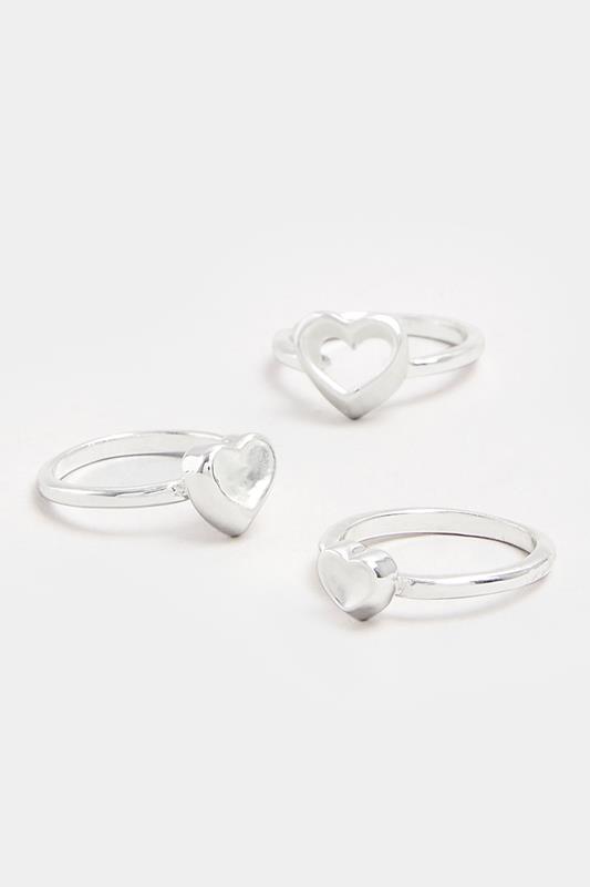 YOURSET 3 PACK Silver Tone Diamante Heart Rings | Yours Clothing 1