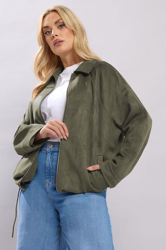 YOURS Curve Khaki Green Faux Suede Bomber Jacket