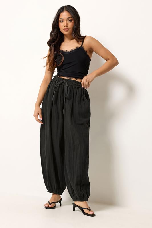 PixieGirl Petite Black Cheesecloth Cotton Balloon Trousers