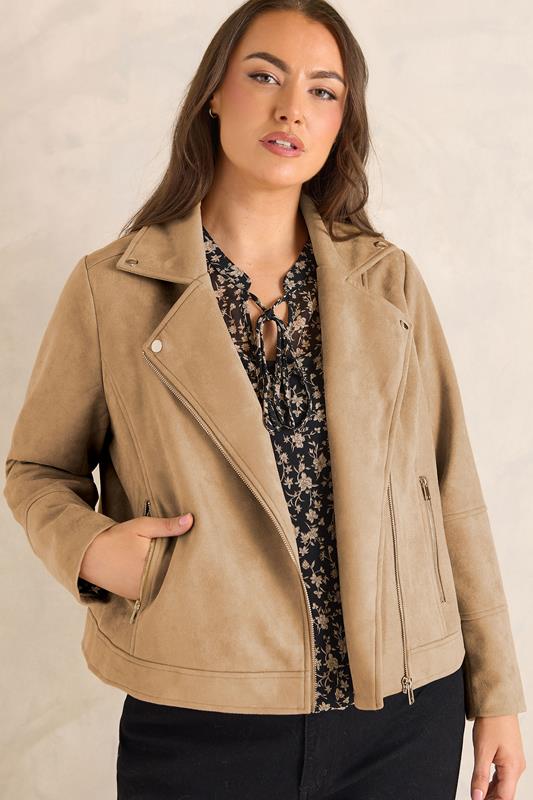 EVANS Plus Size Natural Brown Faux Suede Biker Jacket 1