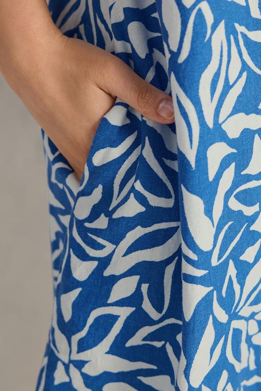EVANS Plus Size Blue Premium Linen Leaf Print Shift Dress | Evans 6